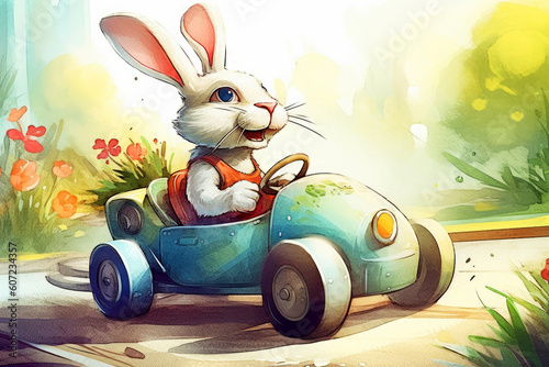 Illustration of a funny rabbit driving a convertible sports car. Generative AI