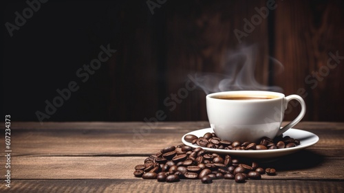 Delicious hot steamy coffee on wooden table with black background Generative AI