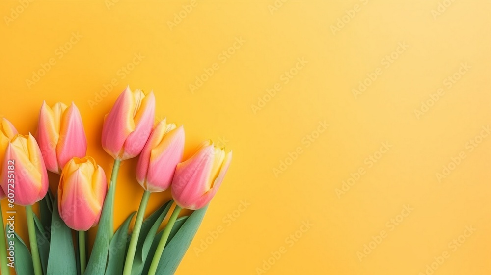 Colorful tulips on a yellow gradient background with copy space Generative AI