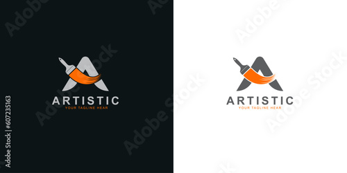 Artistic text logo with Orange and durk paint brush in black color and flat minimal vector logo Concept. photo