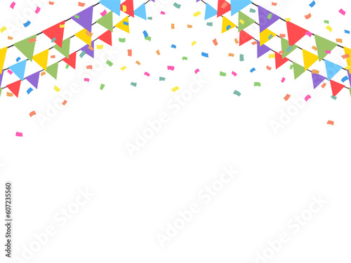 Celebrate hanging triangular garlands with confetti. Colorful perspective flags party isolated on white background. Birthday, Christmas, anniversary, and festival fair concept. Vector illustration.