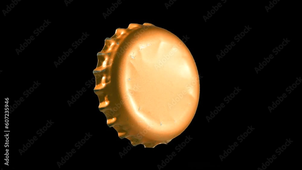 Bottle cap Spinning beer bottle ambar glossy wet humid drops detail for background replacement black background