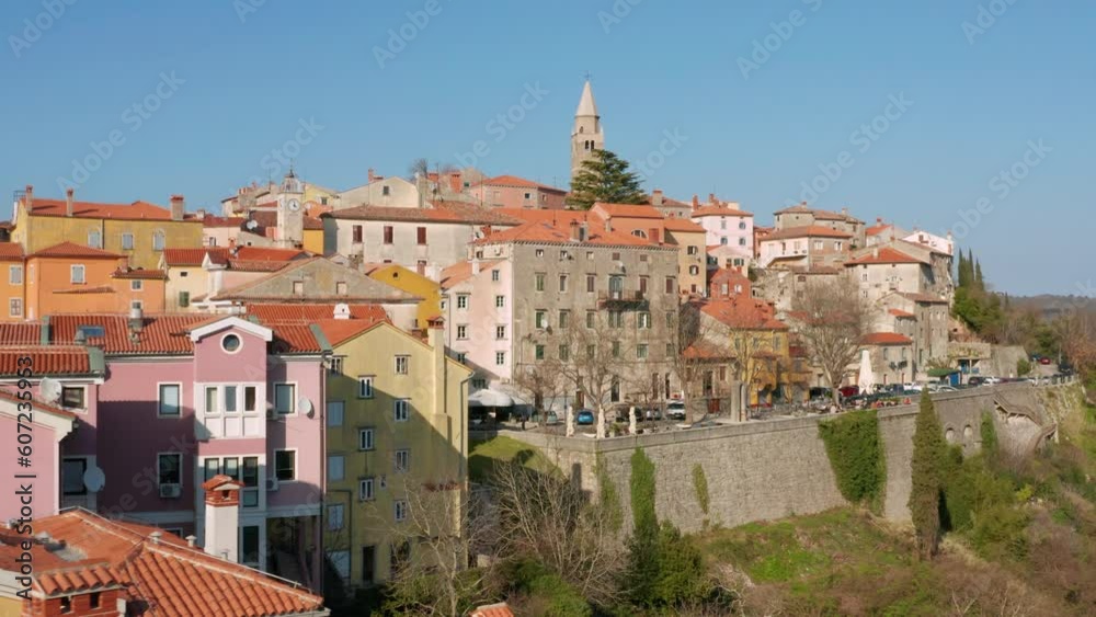Beautiful medieval city Labin in Croatia on a sunny day with blue sky, drone Beautiful medieval city Labin in Croatia on a sunny day with blue sky, drone