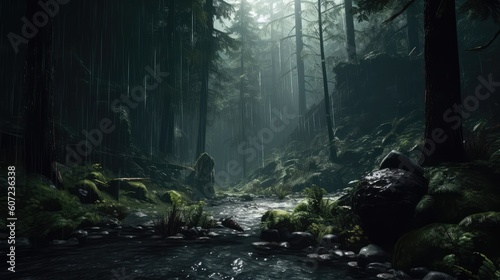 Dense Raining Forest Landscape With Puddle Wallpaper Generated AI © Fauzan
