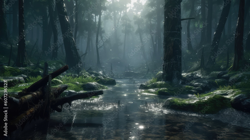 Fototapeta premium Dense Raining Forest Landscape With Puddle Wallpaper Generated AI