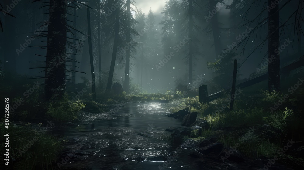 Dense Raining Forest Landscape With Puddle Wallpaper Generated AI