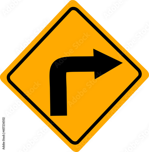 Free Download Turn right traffic road sign. Vector Illustration, Isolated on yellow background. Replaceable vector design. - GFXLoad