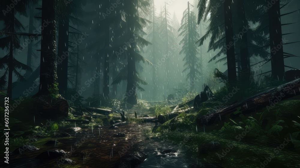 Naklejka premium Dense Raining Forest Landscape With Puddle Wallpaper Generated AI