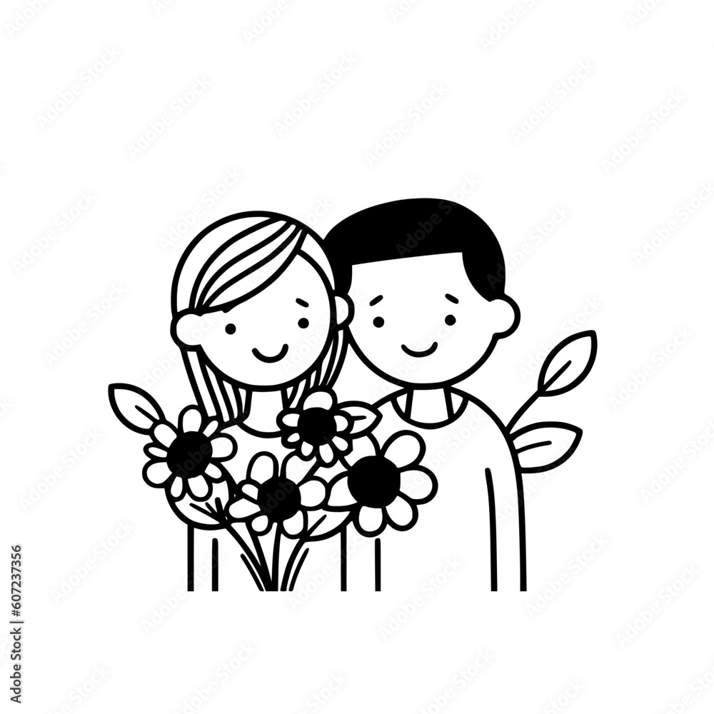 Couple holding flowers vector illustration isolated on transparent background