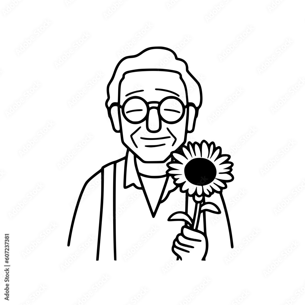 Old man holding flower vector illustration isolated on transparent background Old man holding flower vector illustration isolated on transparent background