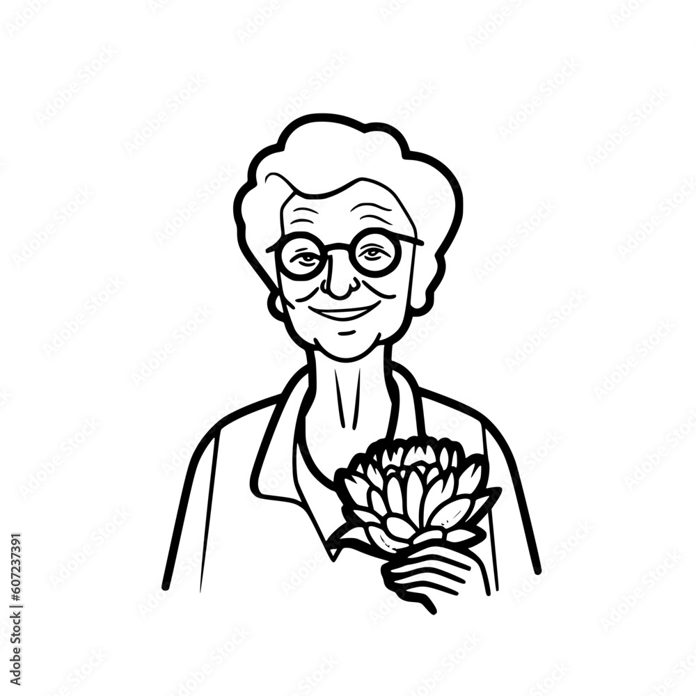 Fototapeta premium Old woman holding flower vector illustration isolated on transparent background