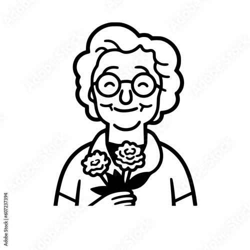 Old woman holding flowers vector illustration isolated on transparent background