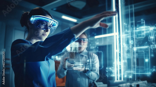 A female doctor uses a virtual reality helmet to work in an advanced futuristic laboratory.