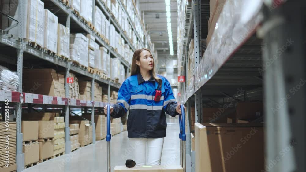 Asian female supervisors controlling stock in a warehouse. Distribution storage area about logistics and organization. Asian female supervisors controlling stock in a warehouse. Distribution storage area about logistics and organization.