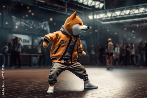 Shiba inu Japanese Dog Wearing Hip hop Suit Dancing Bboy on the Stage. Generative Ai