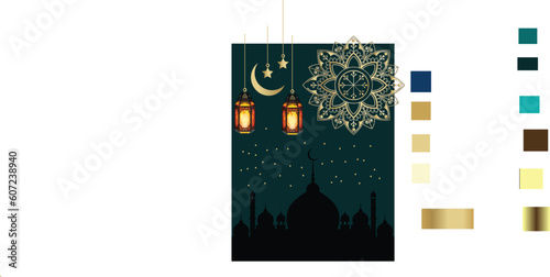 Ramadan Kareem, Eid Mubarak Vector Illustration. Suitable for greeting cards, posters, and banners. Islamic lantern on moon and stars background. Vector illustration.