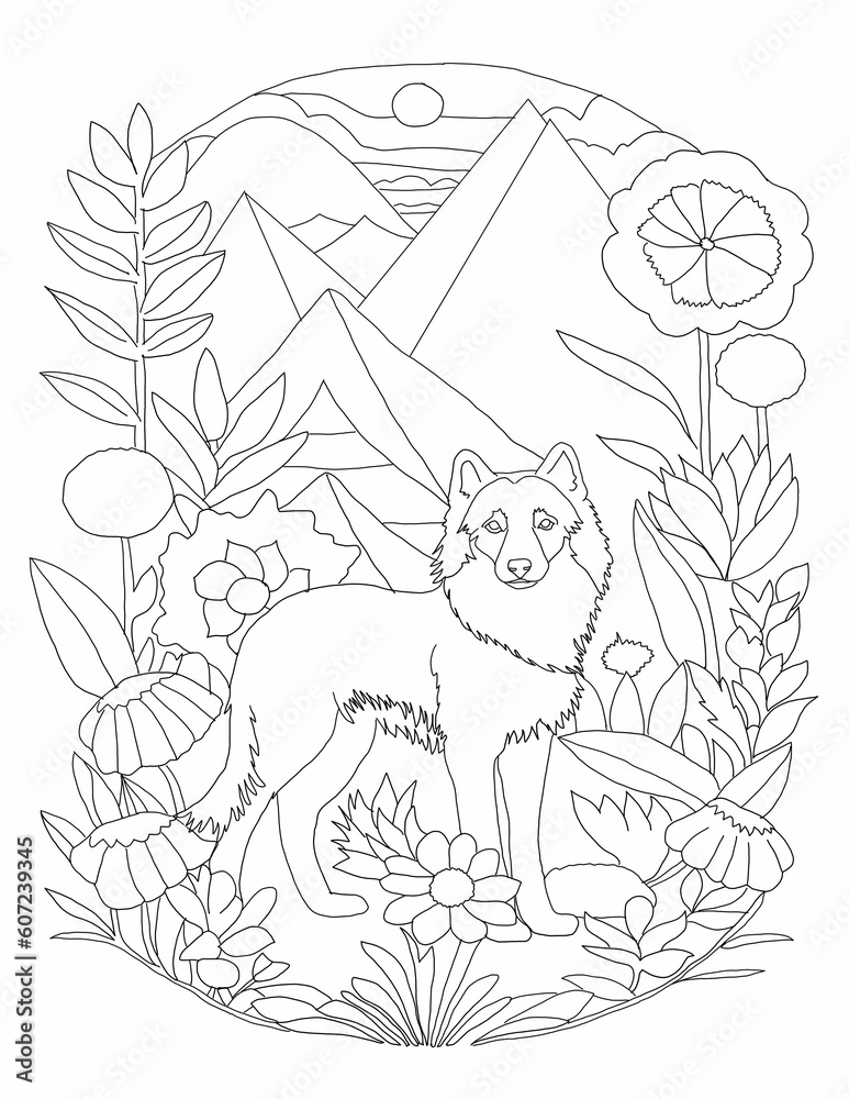 Fototapeta premium Cute floral wolf coloring page for kids 
