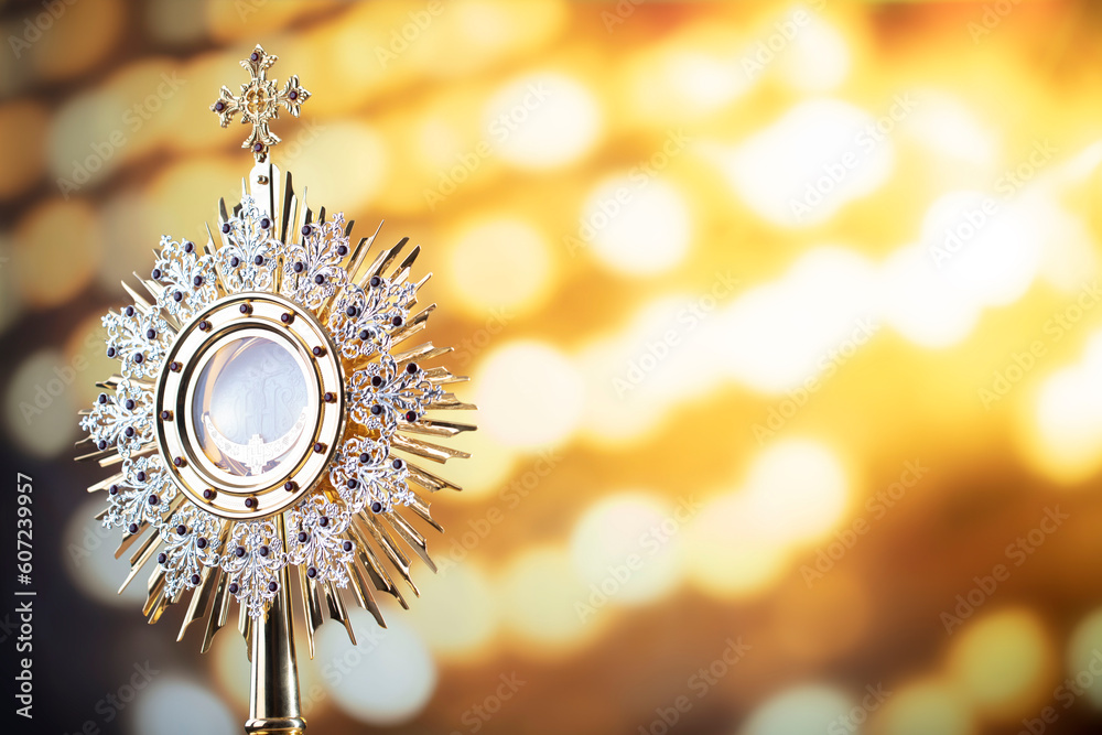 Catholic religion concept. First Holy Eucharist.The monstrance.