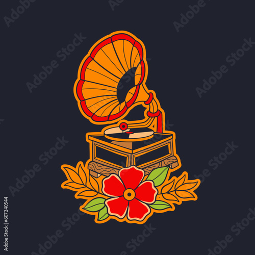 Hand drawn illustration of traditional gramophone tattoo