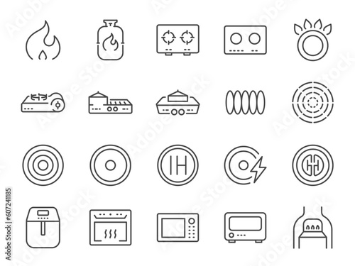 Cooker and flame icon set. It included fire, stoves, cooking hobs, hob, microwave and more icons. Editable Stroke.
