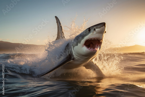 A shark leaping out of the water creates a powerful image of carnivore hunting its prey. This marine shot in black and white is perfect for wildlife and conservation themes. AI Generative.