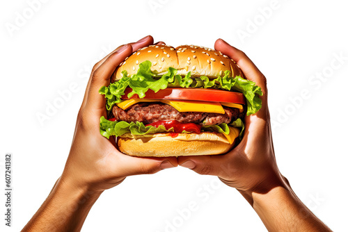 Hands holding a hamburger isolated on white background. Created with Generative AI Technology