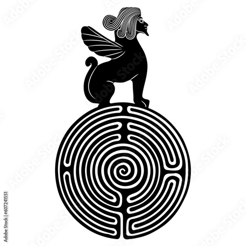 Bearded winged male sphynx seated on a round spiral maze or labyrinth symbol. Mythological animal symbol from ancient Syria. Black and white silhouette.