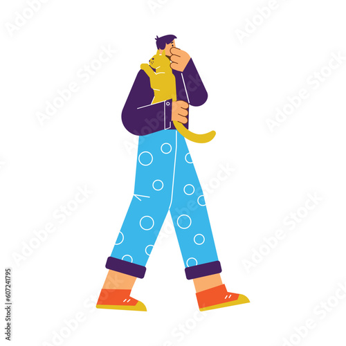 Man running saving himself and pet from fire, flat vector illustration isolated.