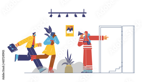 Fireman with loudspeaker showing direction flat style, vector illustration
