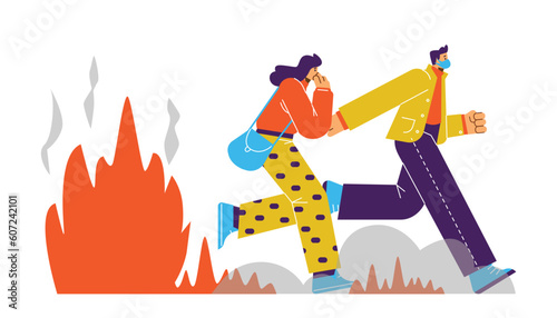 Man and woman running from fire flat style, vector illustration