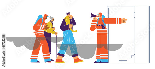 Rescue team conducting fire evacuation flat cartoon vector illustration isolated.