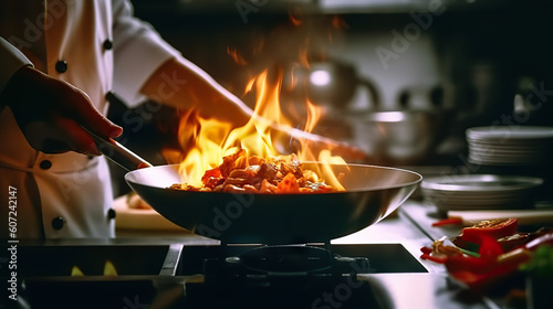 Fiery Culinary Mastery: Chef's Skillful Wok Cooking in a Professional Kitchen. created with Generative AI