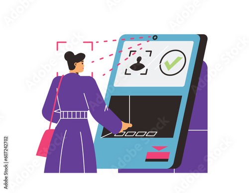 Woman uses biometric dactyloscopy and face scanner flat vector isolated.