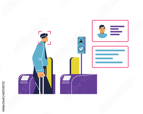 Man passes through turnstile with face recognition flat style