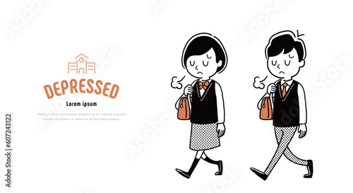 ベクターイラスト素材：落ち込んで歩く男子学生と女子学生
