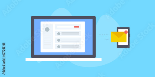 Email software interface dashboard on laptop screen, sending electronic mail to smartphone. Business communication technology web banner illustration.