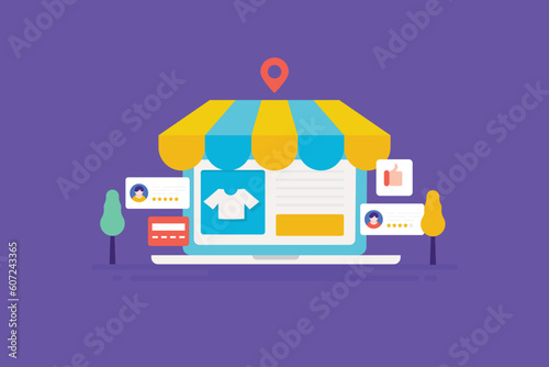 Ecommerce concept. Buying clothing item from online shopping webstore with digital payment, providing user review shopping experience, vector illustration.