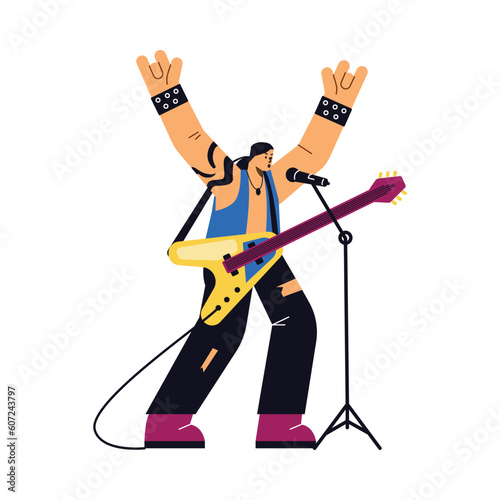 Rock band member playing guitar and signing, flat vector illustration isolated on white background.