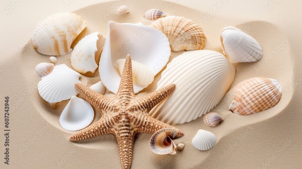 White and beige exotic seashells and starfish on sand Generative AI