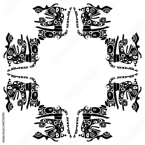 Rectangular animal frame with stylized sitting jaguars. Native American ethnic art of Maya Indians. Black and white silhouette.