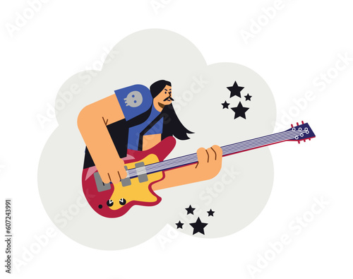 Vector isolated illustration of Rock band artist plays guitar rock, metal music in disproportionate style on white background with stars
