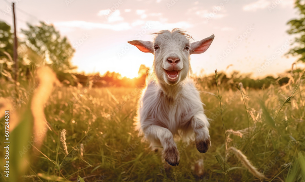 Fototapeta premium photo of Oberhasli goat jumping happily in tall grass at sunset. Generative AI