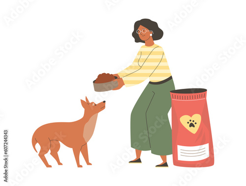 Woman feeding stray dog with dog food, flat vector illustration isolated on white background.
