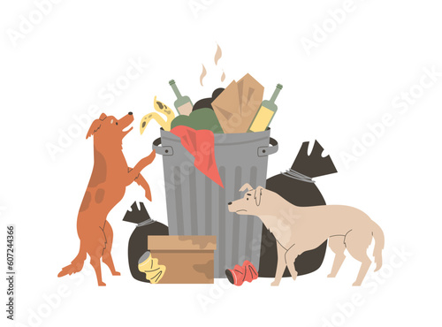 Stray dogs digging in trash flat style, vector illustration