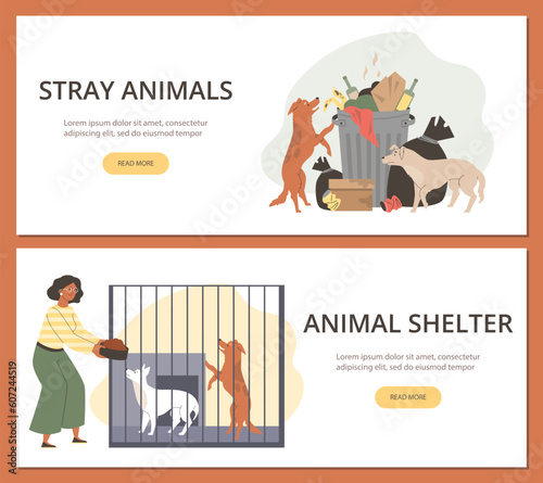 Rehabilitation or adoption shelter for stray dogs banners, vector illustration.