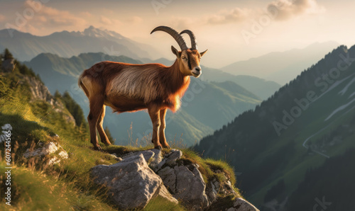 Photo of Oberhasli goat, gracefully perched on a rocky ledge overlooking a picturesque alpine meadow. image showcases the goat's distinct markings, elegant horns, and alert expression, Generative AI