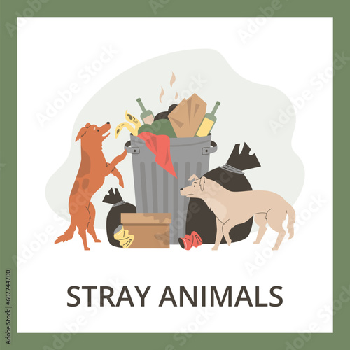 Hungry stray dogs looking for food in garbage bins, poster template - flat vector illustration.