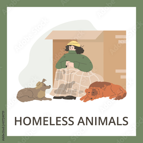 Homeless animals banner for volunteer organizations and charity, flat vector.