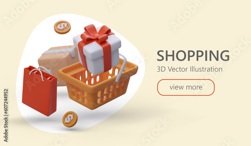 Modern shopping. Convenient way to make necessary purchases. Bright illustration for internet advertising with text and button. 3D shopping cart, paper bag, gift box, coins. Purchase of goods online