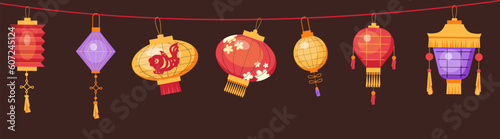 Bright colorful different Chinese lanterns hanging on rope flat style
